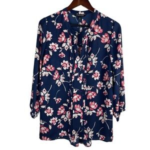 41 Hawthorn | Navy Blue Pink Floral Split Neck 3/4 Sleeve Blouse